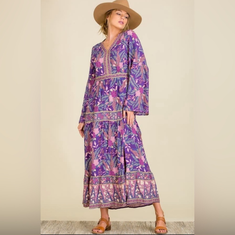 Aly Daly Women's Purple/Multi Floral Flare Sleeve Maxi Dress Size S